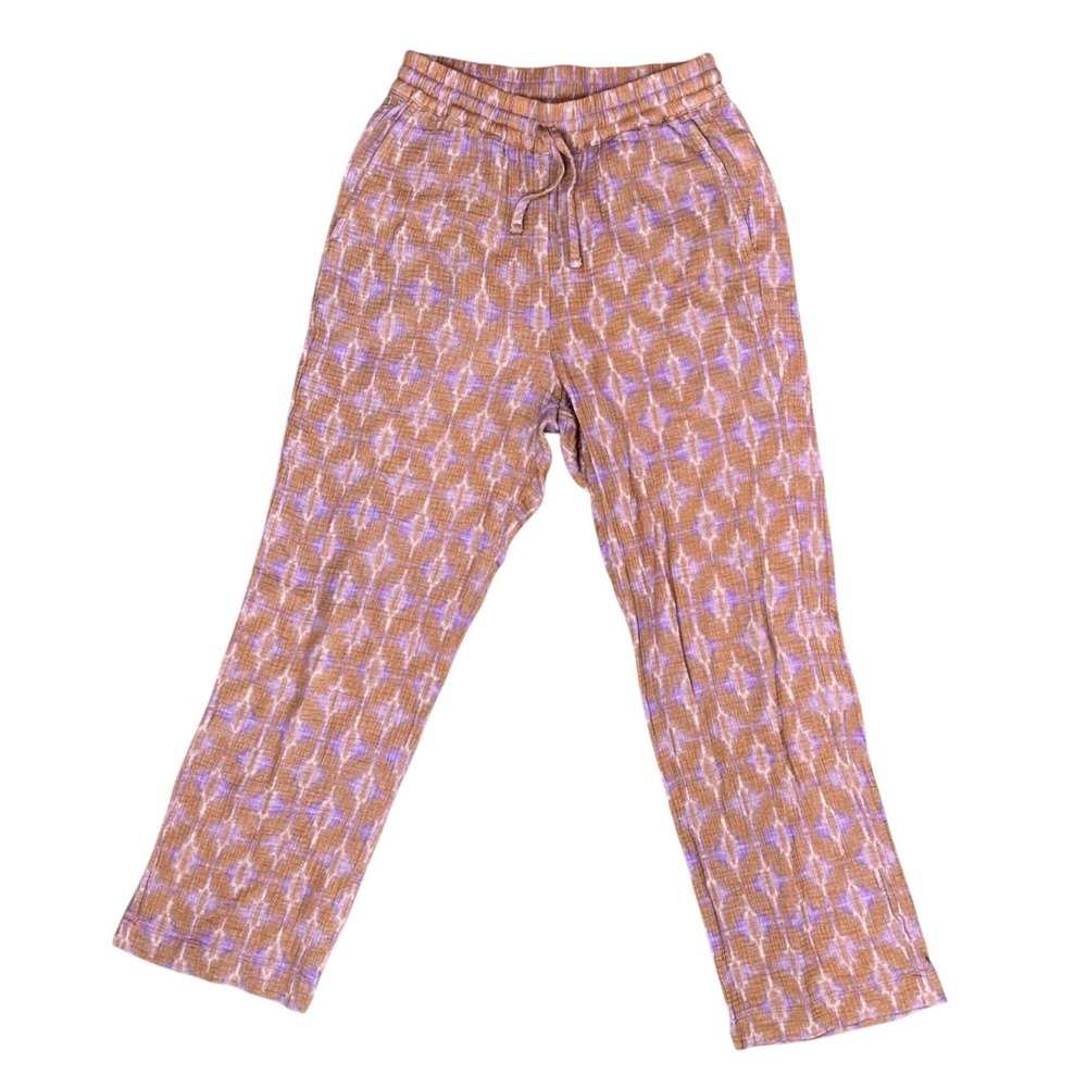 Xirena Cotton Gauze Ikat Print Straight Leg Drawstring Pants Small Tan Lilac